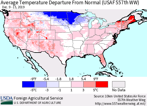 United States Average Temperature Departure from Normal (USAF 557th WW) Thematic Map For 12/9/2019 - 12/15/2019