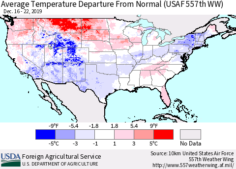 United States Average Temperature Departure from Normal (USAF 557th WW) Thematic Map For 12/16/2019 - 12/22/2019