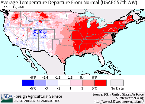 United States Average Temperature Departure From Normal (USAF 557th WW) Thematic Map For 1/6/2020 - 1/12/2020