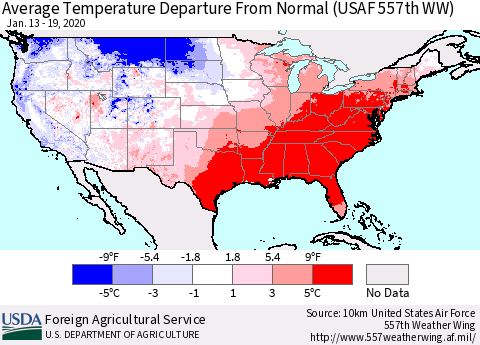 United States Average Temperature Departure From Normal (USAF 557th WW) Thematic Map For 1/13/2020 - 1/19/2020