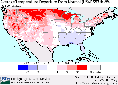 United States Average Temperature Departure from Normal (USAF 557th WW) Thematic Map For 1/20/2020 - 1/26/2020