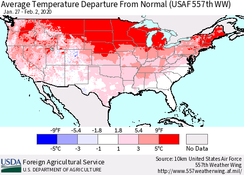 United States Average Temperature Departure From Normal (USAF 557th WW) Thematic Map For 1/27/2020 - 2/2/2020