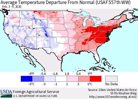 United States Average Temperature Departure from Normal (USAF 557th WW) Thematic Map For 2/3/2020 - 2/9/2020