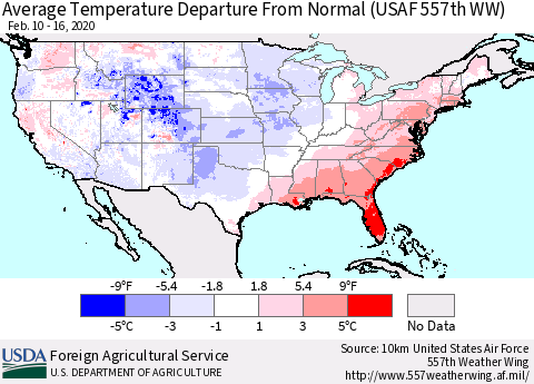 United States Average Temperature Departure From Normal (USAF 557th WW) Thematic Map For 2/10/2020 - 2/16/2020