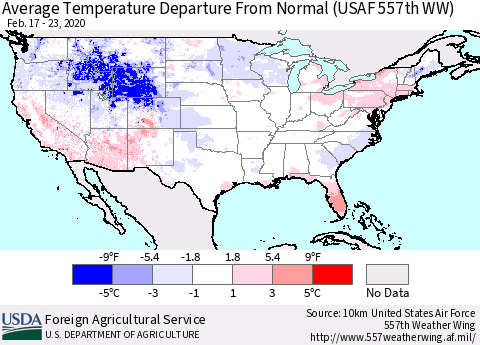 United States Average Temperature Departure From Normal (USAF 557th WW) Thematic Map For 2/17/2020 - 2/23/2020