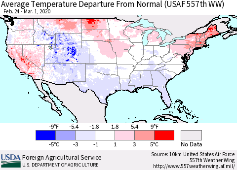 United States Average Temperature Departure From Normal (USAF 557th WW) Thematic Map For 2/24/2020 - 3/1/2020