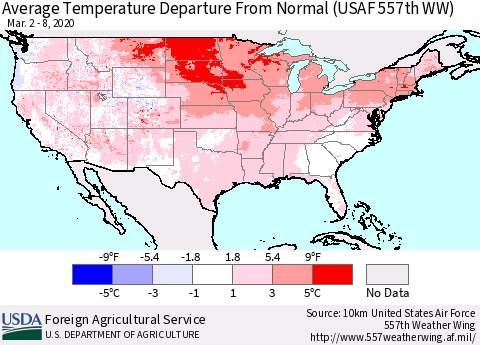 United States Average Temperature Departure From Normal (USAF 557th WW) Thematic Map For 3/2/2020 - 3/8/2020