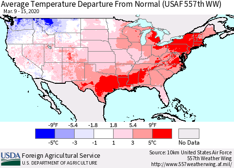 United States Average Temperature Departure From Normal (USAF 557th WW) Thematic Map For 3/9/2020 - 3/15/2020