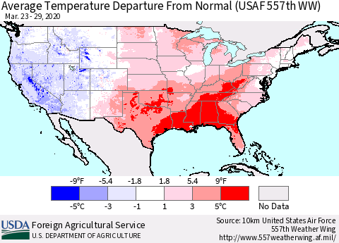 United States Average Temperature Departure From Normal (USAF 557th WW) Thematic Map For 3/23/2020 - 3/29/2020