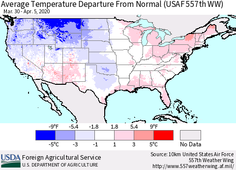 United States Average Temperature Departure From Normal (USAF 557th WW) Thematic Map For 3/30/2020 - 4/5/2020