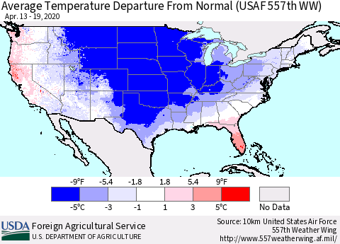 United States Average Temperature Departure From Normal (USAF 557th WW) Thematic Map For 4/13/2020 - 4/19/2020