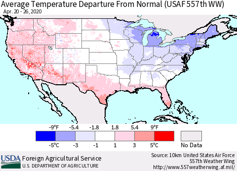 United States Average Temperature Departure From Normal (USAF 557th WW) Thematic Map For 4/20/2020 - 4/26/2020
