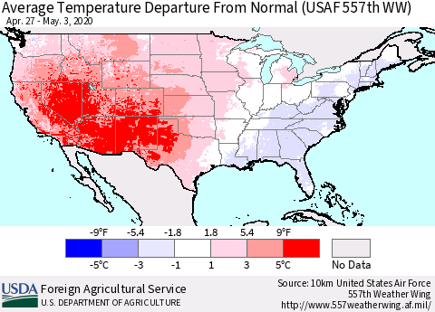 United States Average Temperature Departure from Normal (USAF 557th WW) Thematic Map For 4/27/2020 - 5/3/2020