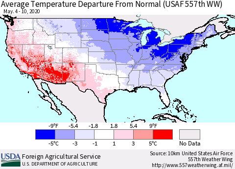 United States Average Temperature Departure From Normal (USAF 557th WW) Thematic Map For 5/4/2020 - 5/10/2020