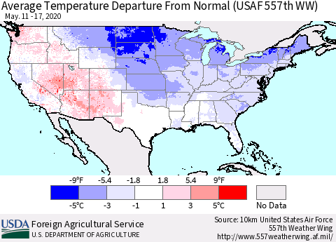 United States Average Temperature Departure From Normal (USAF 557th WW) Thematic Map For 5/11/2020 - 5/17/2020