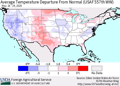 United States Average Temperature Departure from Normal (USAF 557th WW) Thematic Map For 5/18/2020 - 5/24/2020