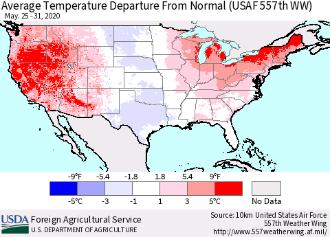 United States Average Temperature Departure From Normal (USAF 557th WW) Thematic Map For 5/25/2020 - 5/31/2020