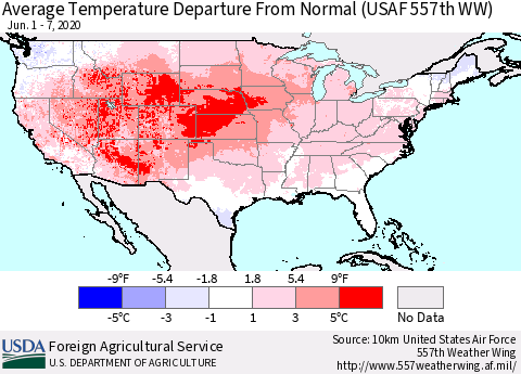 United States Average Temperature Departure From Normal (USAF 557th WW) Thematic Map For 6/1/2020 - 6/7/2020