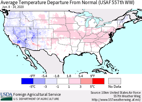 United States Average Temperature Departure From Normal (USAF 557th WW) Thematic Map For 6/8/2020 - 6/14/2020