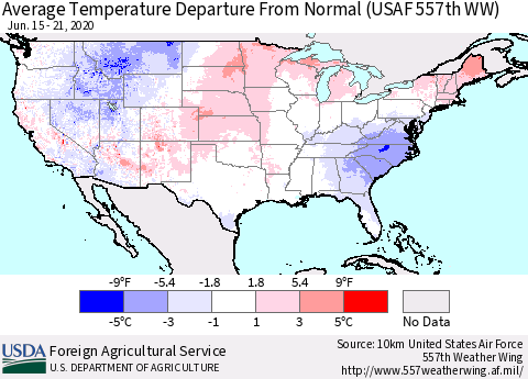 United States Average Temperature Departure From Normal (USAF 557th WW) Thematic Map For 6/15/2020 - 6/21/2020