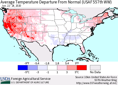 United States Average Temperature Departure From Normal (USAF 557th WW) Thematic Map For 6/22/2020 - 6/28/2020