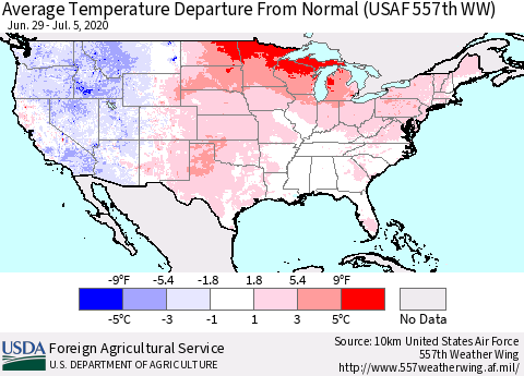 United States Average Temperature Departure From Normal (USAF 557th WW) Thematic Map For 6/29/2020 - 7/5/2020