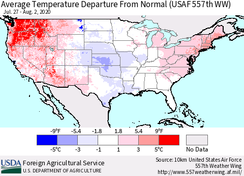 United States Average Temperature Departure From Normal (USAF 557th WW) Thematic Map For 7/27/2020 - 8/2/2020