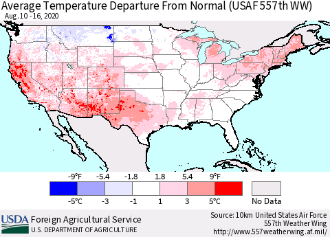 United States Average Temperature Departure From Normal (USAF 557th WW) Thematic Map For 8/10/2020 - 8/16/2020