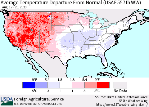 United States Average Temperature Departure From Normal (USAF 557th WW) Thematic Map For 8/17/2020 - 8/23/2020