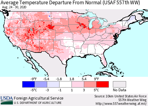 United States Average Temperature Departure From Normal (USAF 557th WW) Thematic Map For 8/24/2020 - 8/30/2020