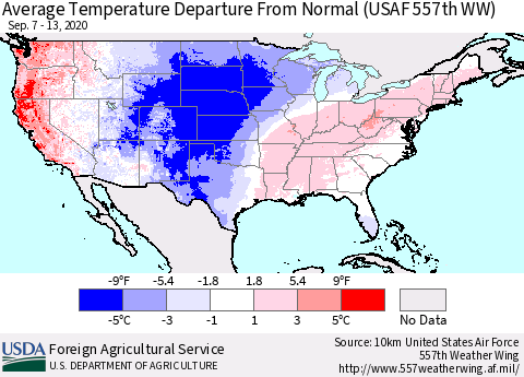 United States Average Temperature Departure From Normal (USAF 557th WW) Thematic Map For 9/7/2020 - 9/13/2020