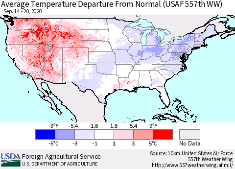 United States Average Temperature Departure From Normal (USAF 557th WW) Thematic Map For 9/14/2020 - 9/20/2020