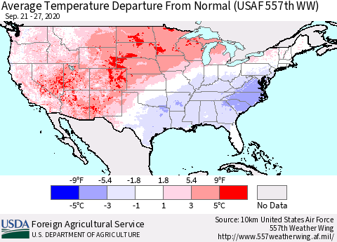 United States Average Temperature Departure from Normal (USAF 557th WW) Thematic Map For 9/21/2020 - 9/27/2020