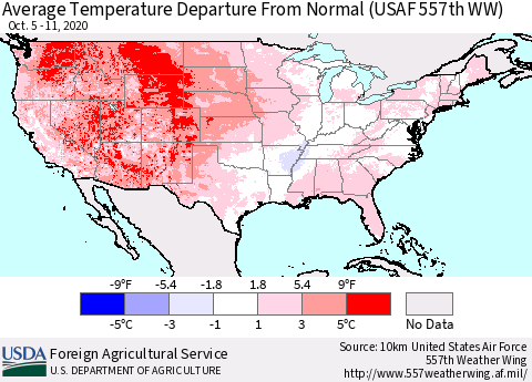 United States Average Temperature Departure from Normal (USAF 557th WW) Thematic Map For 10/5/2020 - 10/11/2020