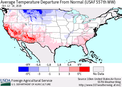 United States Average Temperature Departure from Normal (USAF 557th WW) Thematic Map For 10/12/2020 - 10/18/2020
