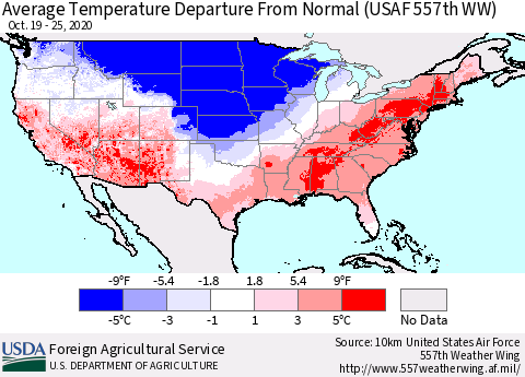 United States Average Temperature Departure From Normal (USAF 557th WW) Thematic Map For 10/19/2020 - 10/25/2020