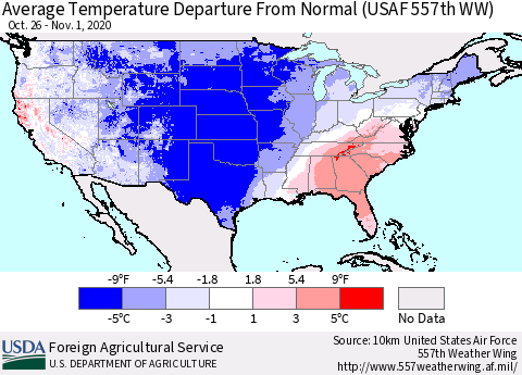 United States Average Temperature Departure From Normal (USAF 557th WW) Thematic Map For 10/26/2020 - 11/1/2020