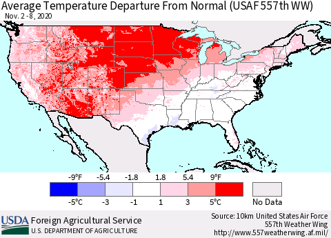 United States Average Temperature Departure from Normal (USAF 557th WW) Thematic Map For 11/2/2020 - 11/8/2020