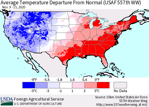 United States Average Temperature Departure From Normal (USAF 557th WW) Thematic Map For 11/9/2020 - 11/15/2020