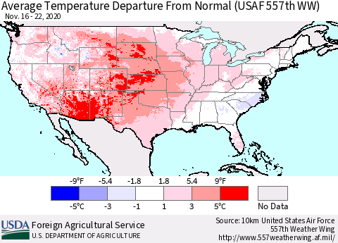 United States Average Temperature Departure from Normal (USAF 557th WW) Thematic Map For 11/16/2020 - 11/22/2020