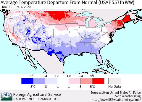 United States Average Temperature Departure From Normal (USAF 557th WW) Thematic Map For 11/30/2020 - 12/6/2020