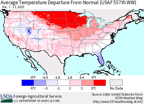 United States Average Temperature Departure From Normal (USAF 557th WW) Thematic Map For 12/7/2020 - 12/13/2020