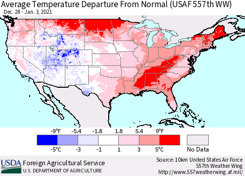 United States Average Temperature Departure From Normal (USAF 557th WW) Thematic Map For 12/28/2020 - 1/3/2021