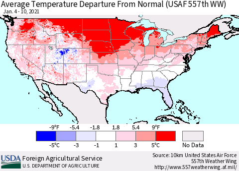 United States Average Temperature Departure From Normal (USAF 557th WW) Thematic Map For 1/4/2021 - 1/10/2021
