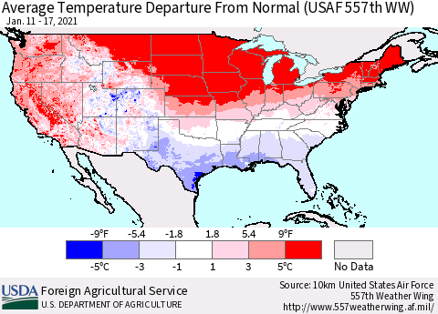 United States Average Temperature Departure From Normal (USAF 557th WW) Thematic Map For 1/11/2021 - 1/17/2021