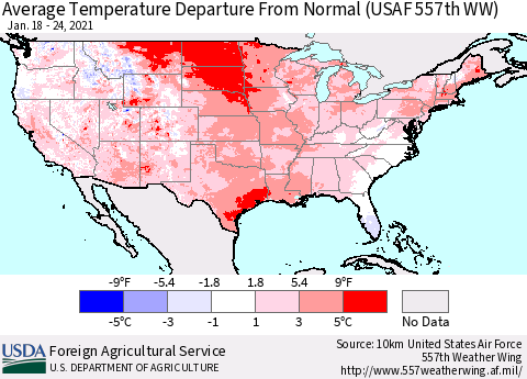 United States Average Temperature Departure From Normal (USAF 557th WW) Thematic Map For 1/18/2021 - 1/24/2021