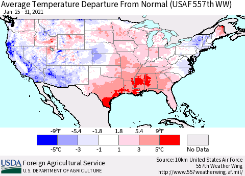 United States Average Temperature Departure From Normal (USAF 557th WW) Thematic Map For 1/25/2021 - 1/31/2021