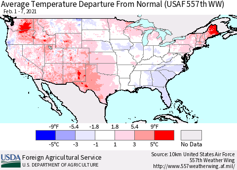 United States Average Temperature Departure from Normal (USAF 557th WW) Thematic Map For 2/1/2021 - 2/7/2021