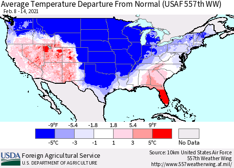 United States Average Temperature Departure From Normal (USAF 557th WW) Thematic Map For 2/8/2021 - 2/14/2021