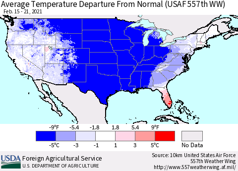 United States Average Temperature Departure from Normal (USAF 557th WW) Thematic Map For 2/15/2021 - 2/21/2021